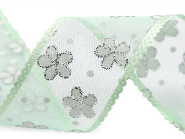 Organzaband mit Blumen und Glitzer hellgrün Breite 40mm